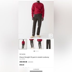 J crew classic straight corduroy stretch pant, size 32, true graphite